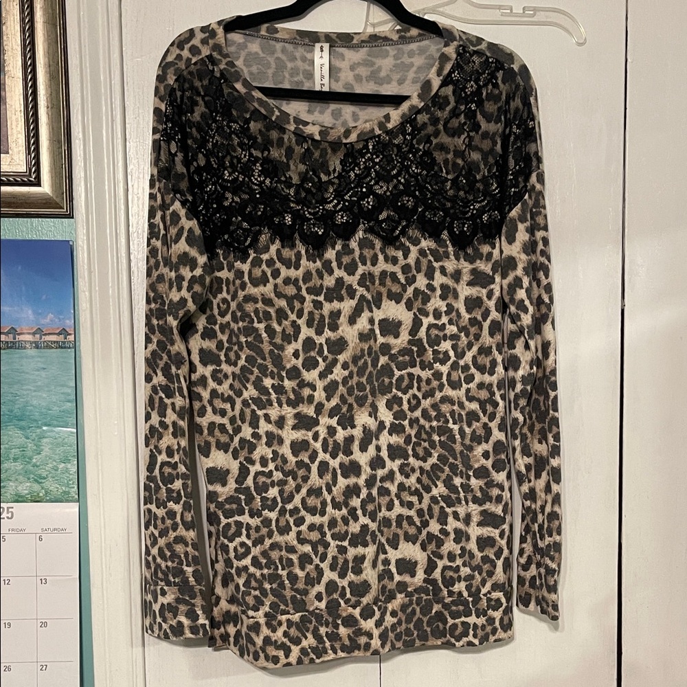 Vanilla Bay Animal Print Top with Black Lace